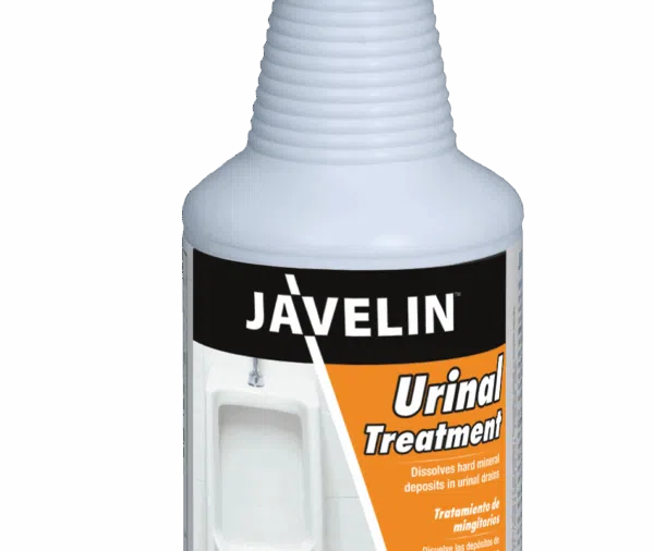A bottle of Javelin Urinal Treatment cleaner with a white and orange label.
