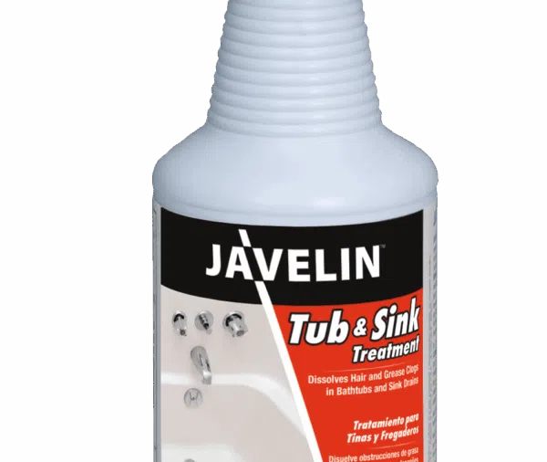 Bottle of Javelin Tub & Sink Drain Cleaner with orange label.